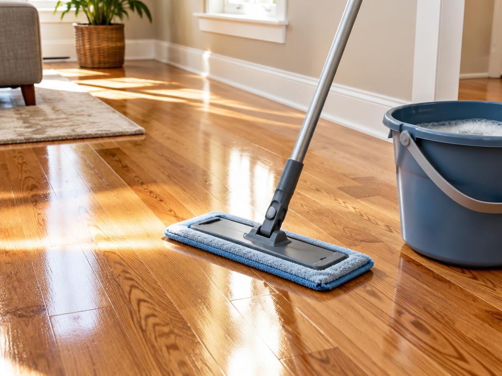 Flat microfiber mop resting on a freshly cleaned sunlit hardwood floor