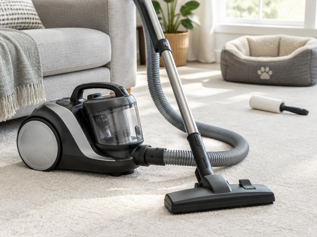Canister vacuum on a clean light carpet beside a sofa with a pet bed and lint roller