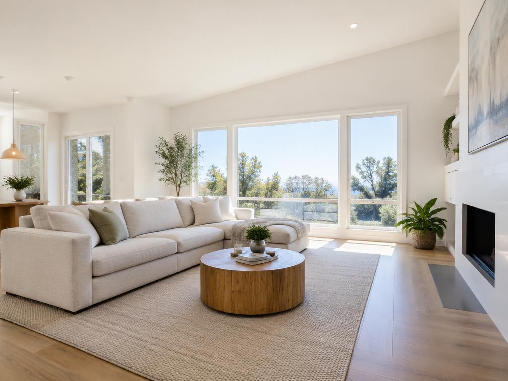 Bright, spotless living room with large windows