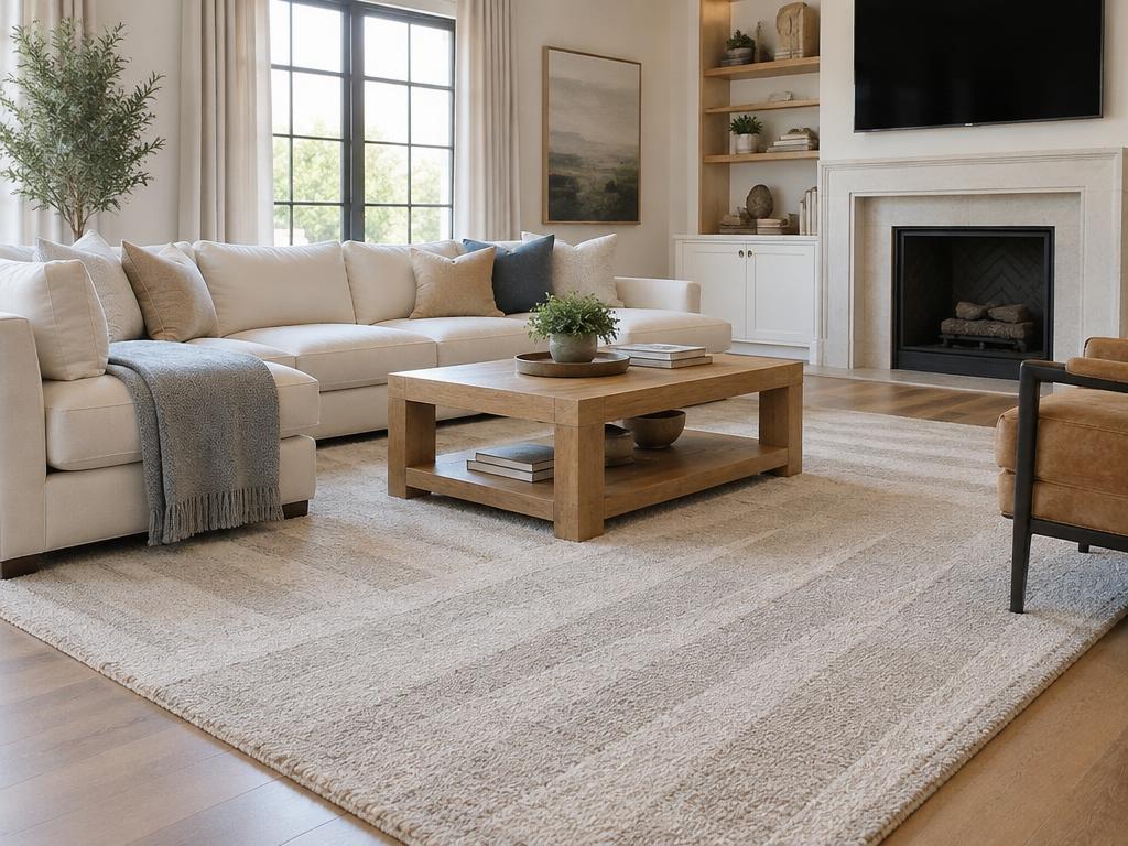 Tidy living room with fresh vacuum lines after a recurring clean