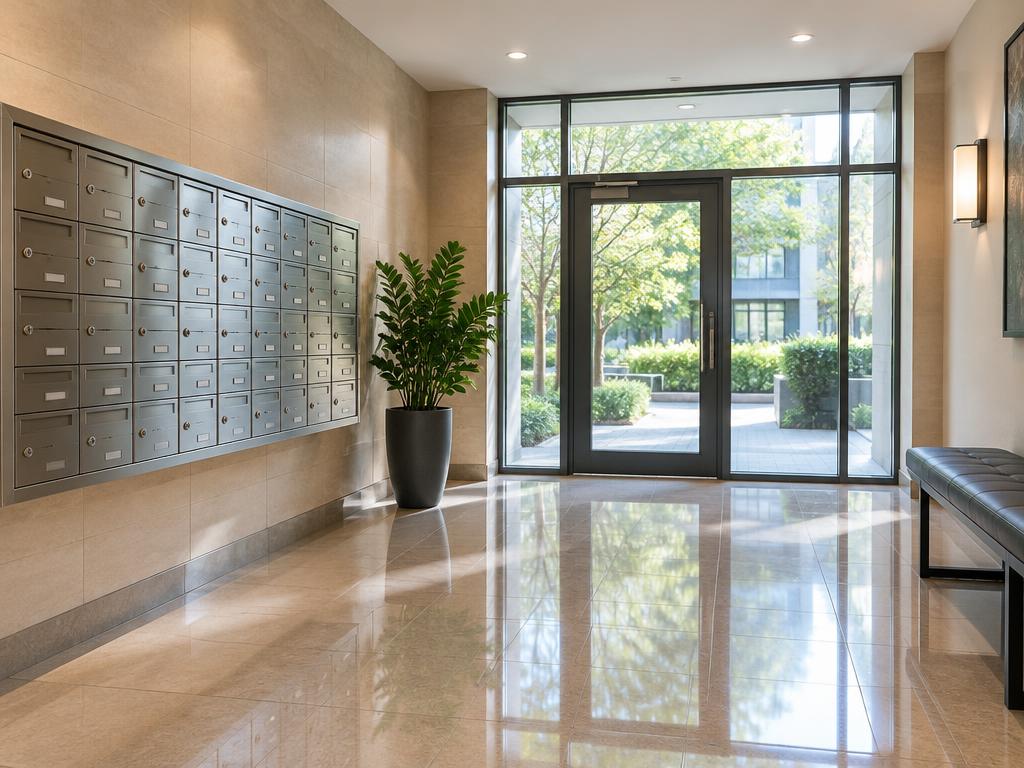 Clean apartment building lobby with polished floors and mailboxes
