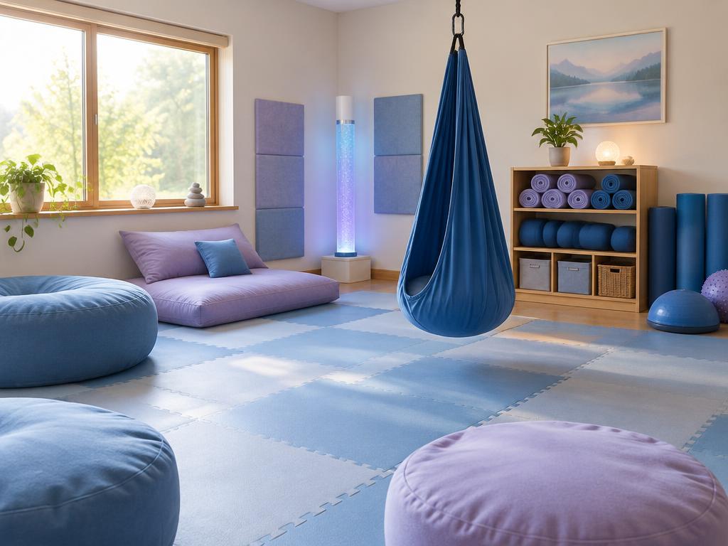 Tidy sensory room with soft cushions and rolled mats