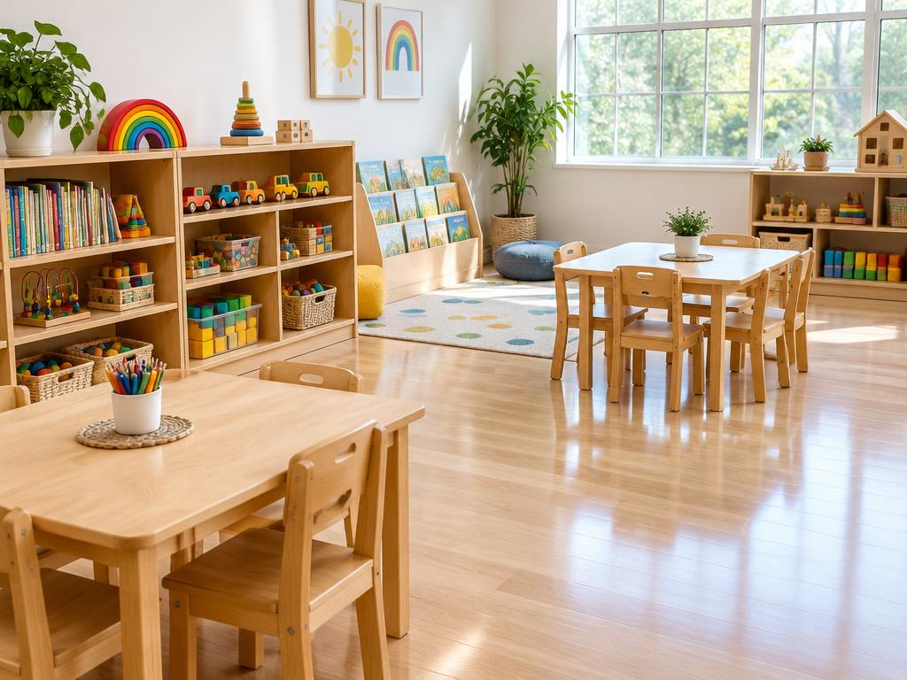 Clean daycare classroom with sorted toys on low shelves