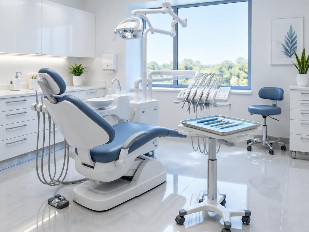 Spotless dental exam room with a clean chair and tidy counters