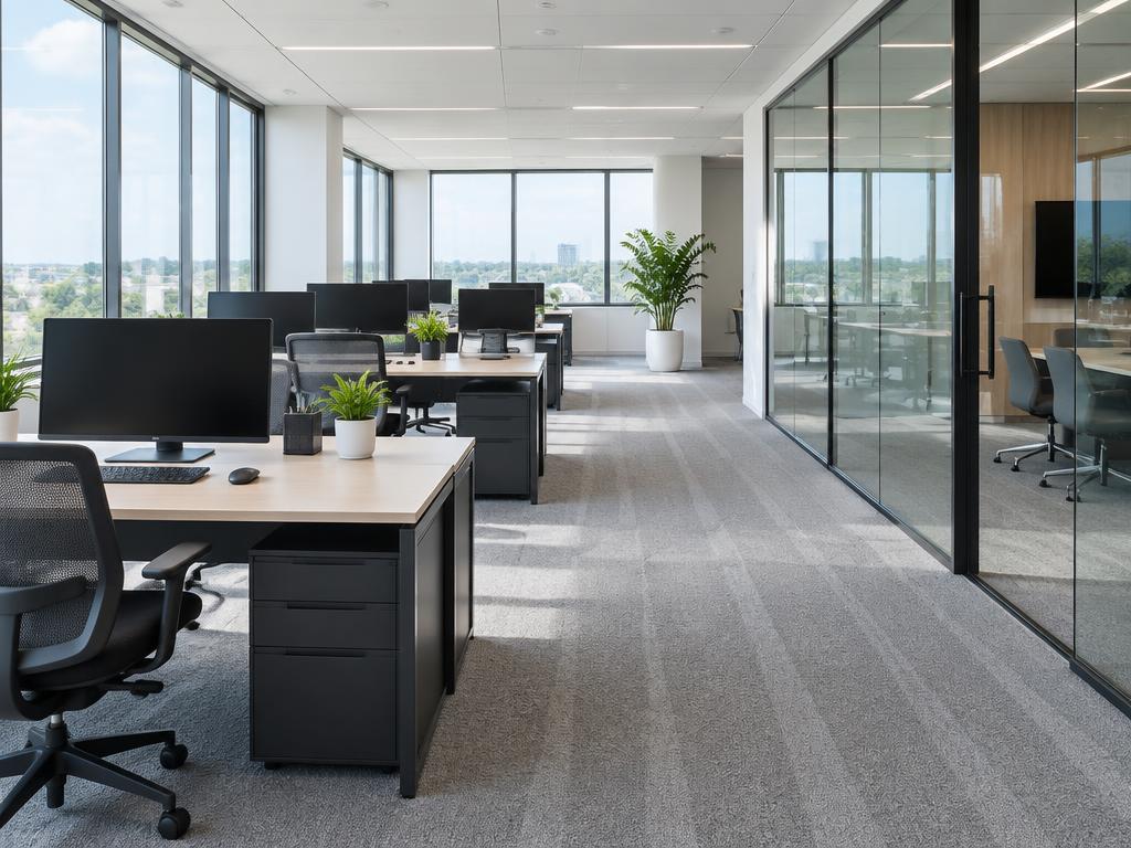 Bright cleaned office with tidy desks and glass meeting rooms