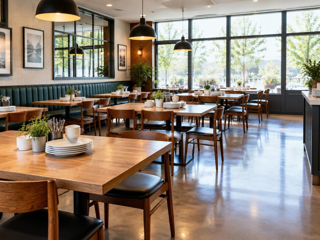 Clean restaurant dining room with tidy tables and sunlight